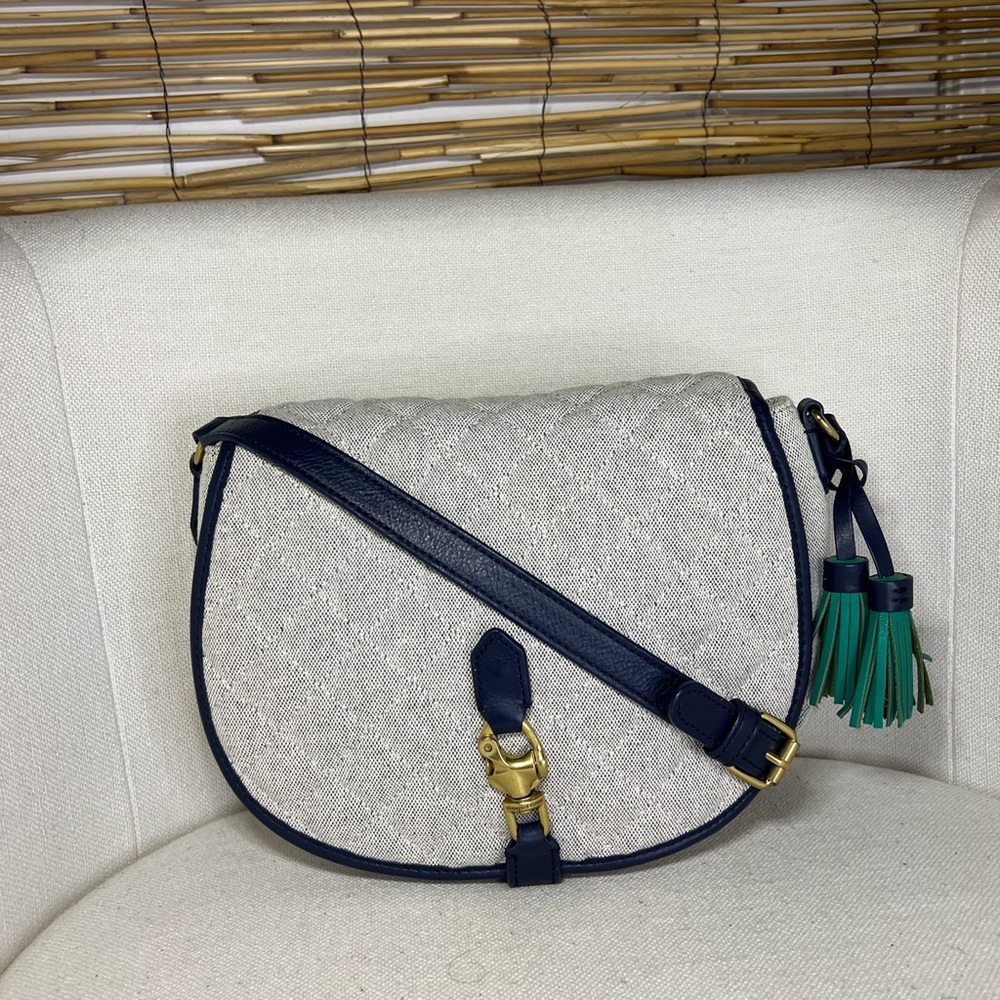 Vineyard Vines Cream Crossbody Saddle Bag with Navy Trim and Green Tassel Accent